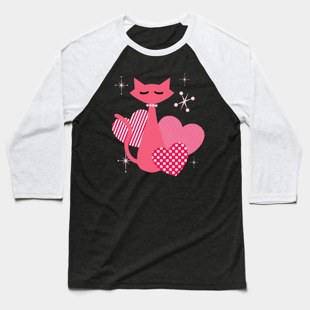 Atomic Hearts Mid-Century Modern Retro Valentines Cat Baseball T-Shirt by ksrogersdesigns